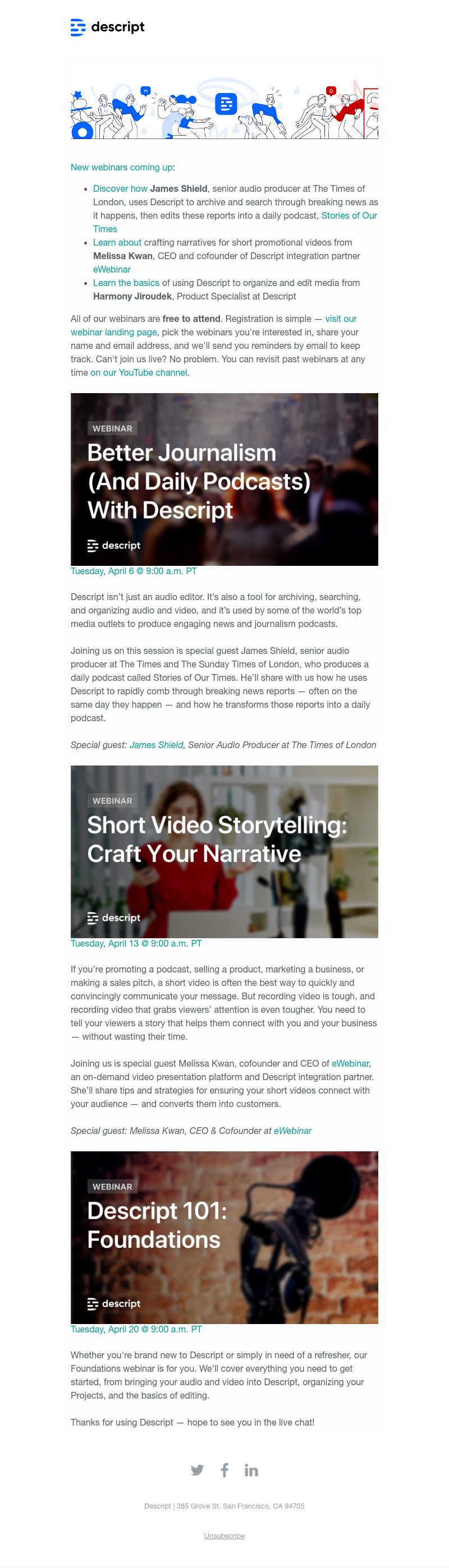 Descript - New webinars: Daily podcasts, short video narratives, and Descript foundations