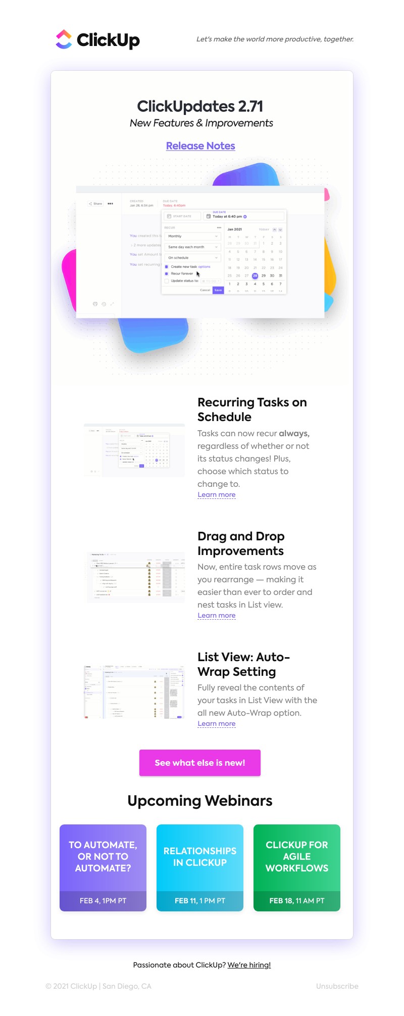 ClickUp - [NEW] Recurring Tasks on Schedule, Drag and Drop Improvements, List View: Auto-Wrap Setting