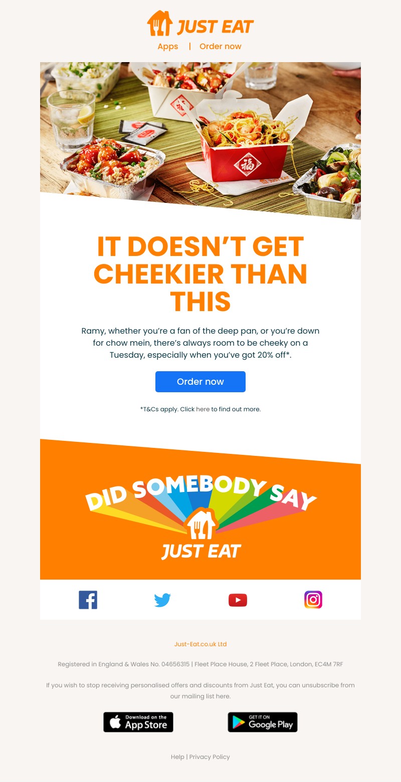 Just Eat - Ramy, tap to get 20% off your favourites