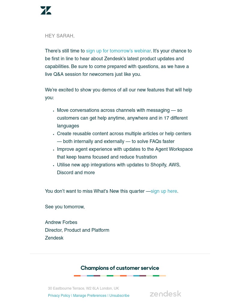 Zendesk - Sarah, join us for tomorrow’s webinar