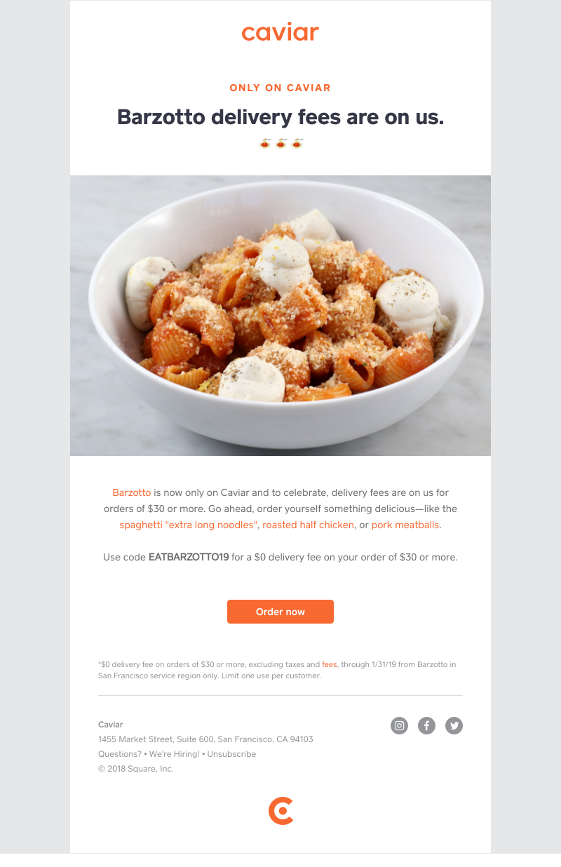  - $0 delivery fees on Barzotto orders