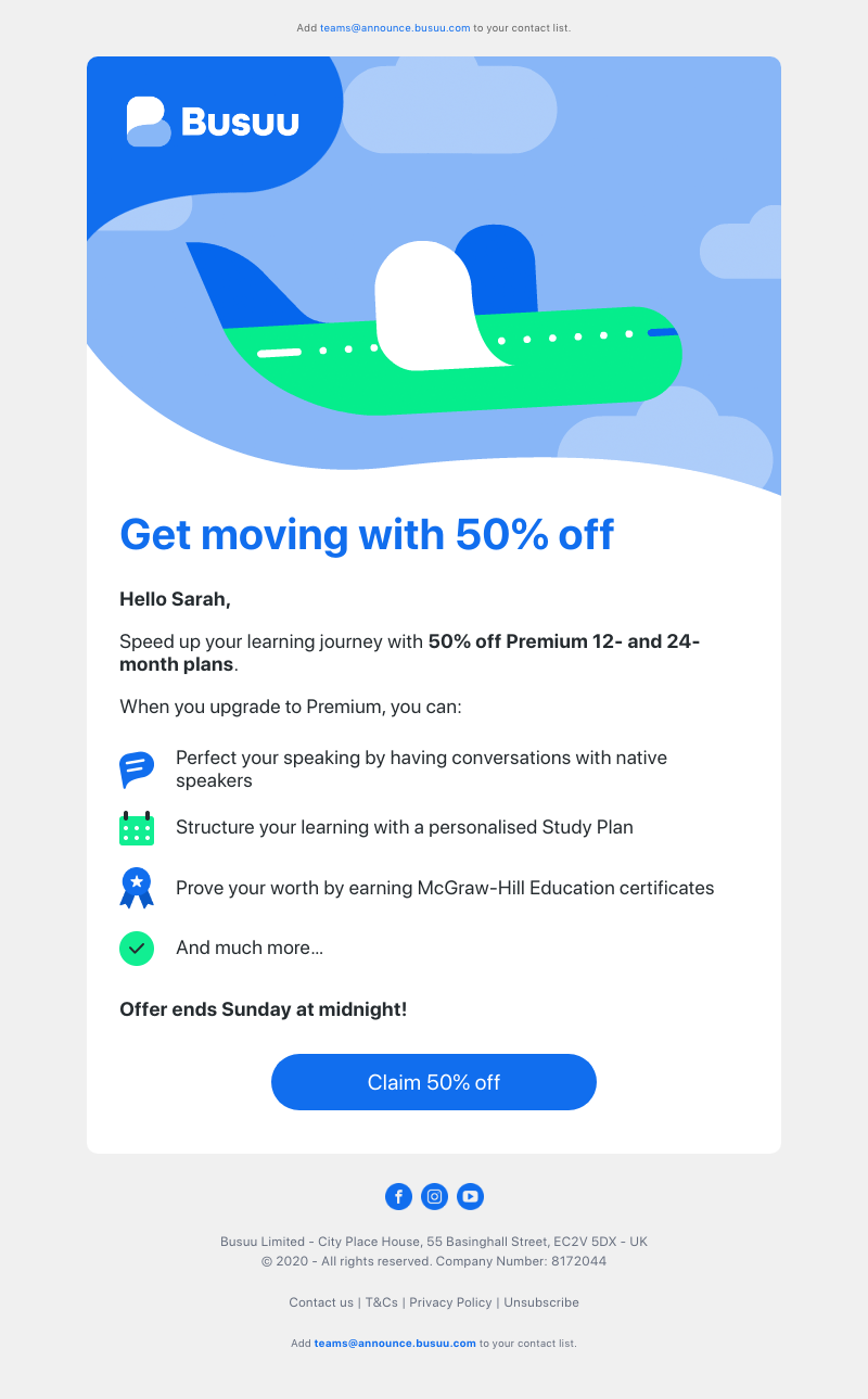 Busuu - 50% off Premium means you can fly towards fluency ✈️     