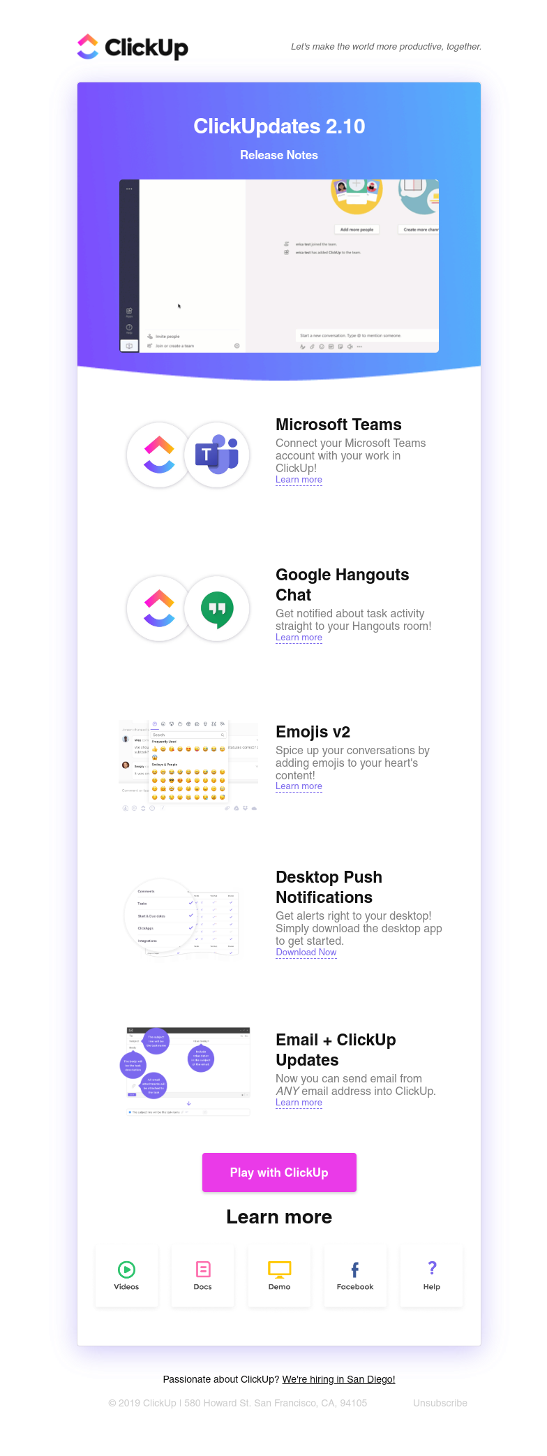 ClickUp - ClickUpdates 2.10: MS Teams, Google Hangouts, Desktop Notifications, & Send email to ClickUp from ANY email address! 🔥