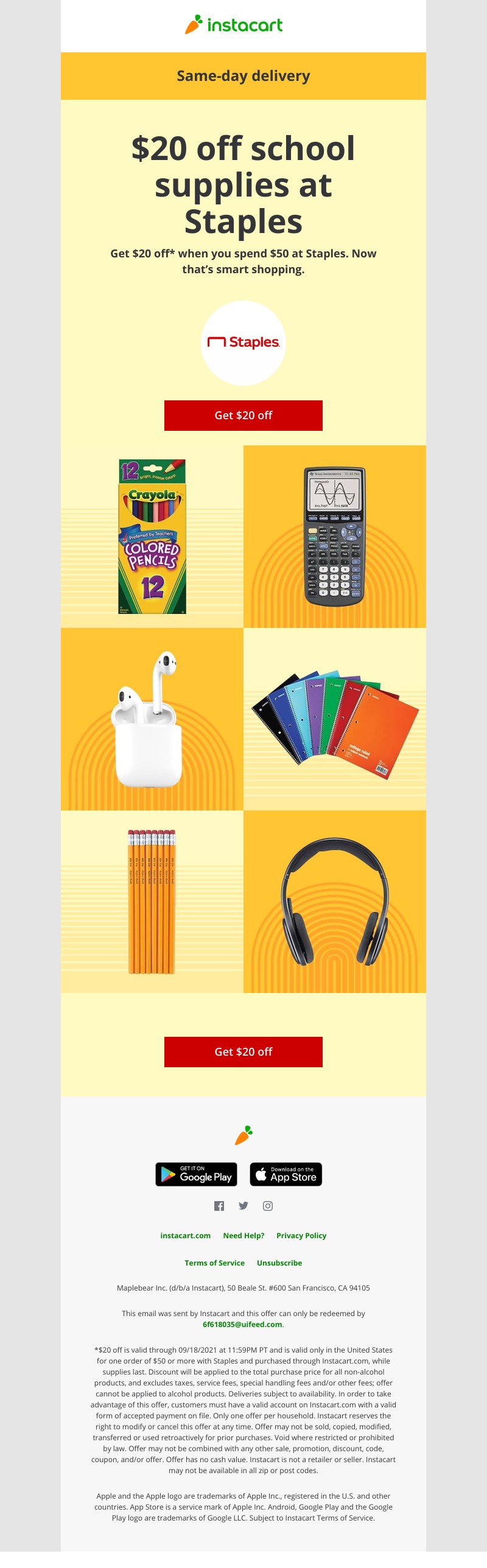 Instacart - Ring in the school year with $20 off at Staples