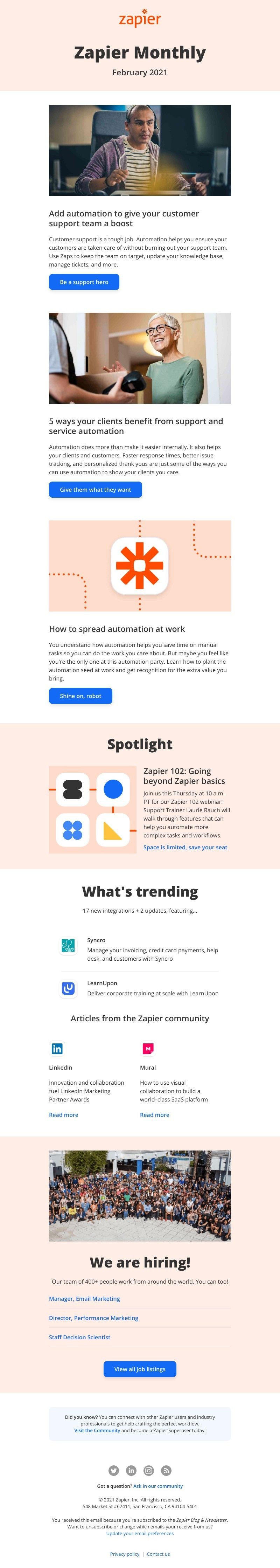 Zapier - New in February: Boost your customer support with automation, 2 updates, and 17 new apps