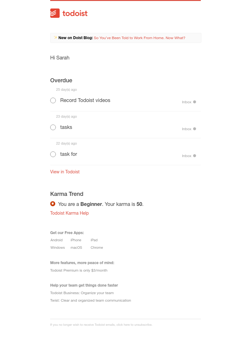 Todoist - Mar 13 | Complete your 3 tasks today, Sarah 💪