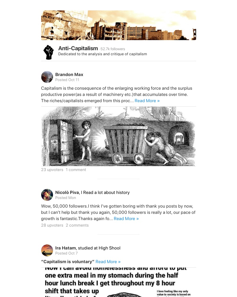 Quora - Capitalism is the consequence of the enlarging working force and the surplus productive power(as a result of machinery etc.)that accumulates over time