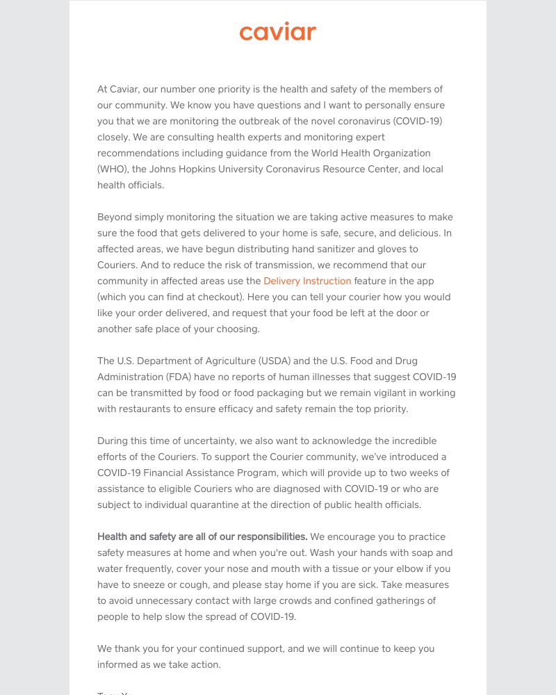  - Caviar community health and safety update