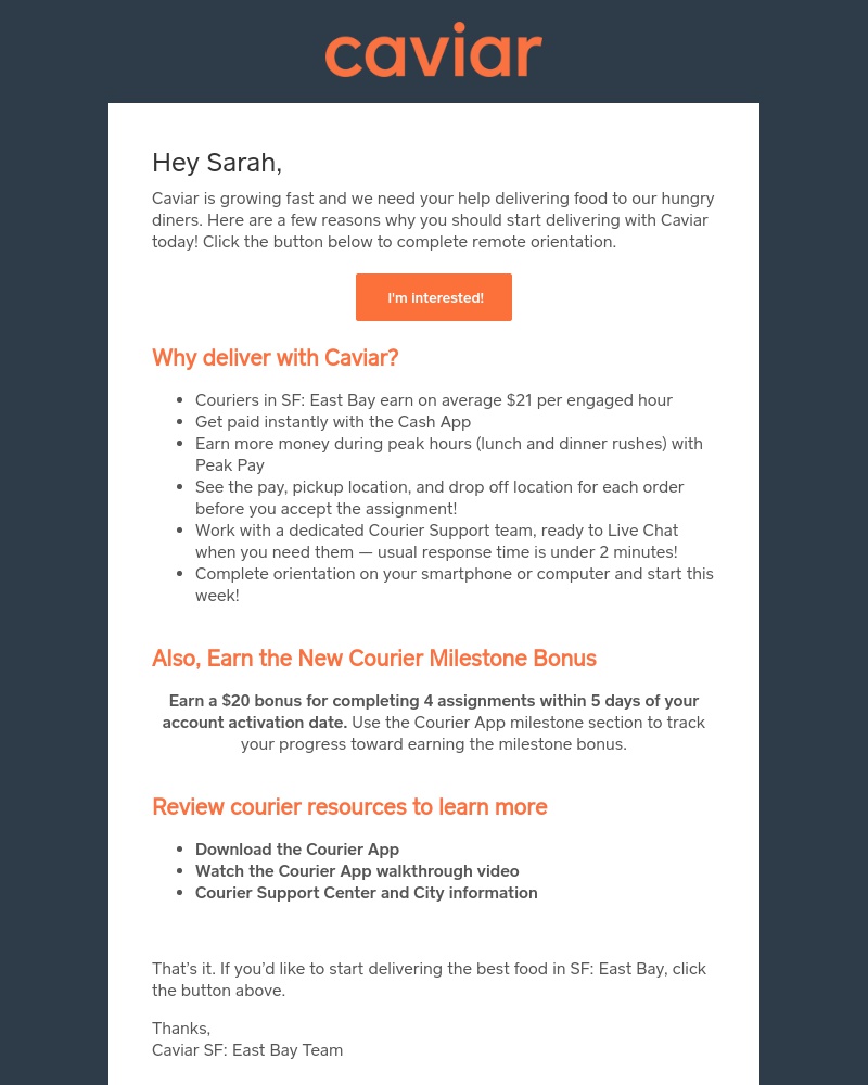 Caviar - [Caviar] Earn $$$ delivering with Caviar!