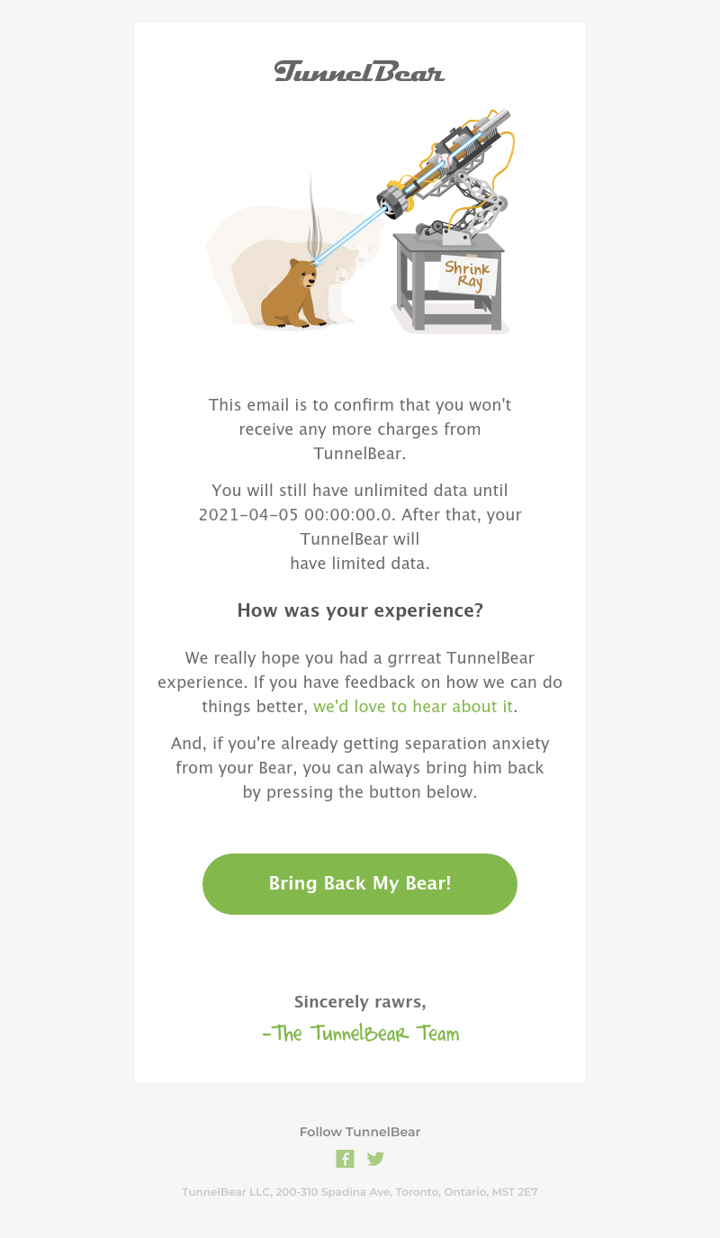  - Thanks for tunneling! You won't be charged anymore.