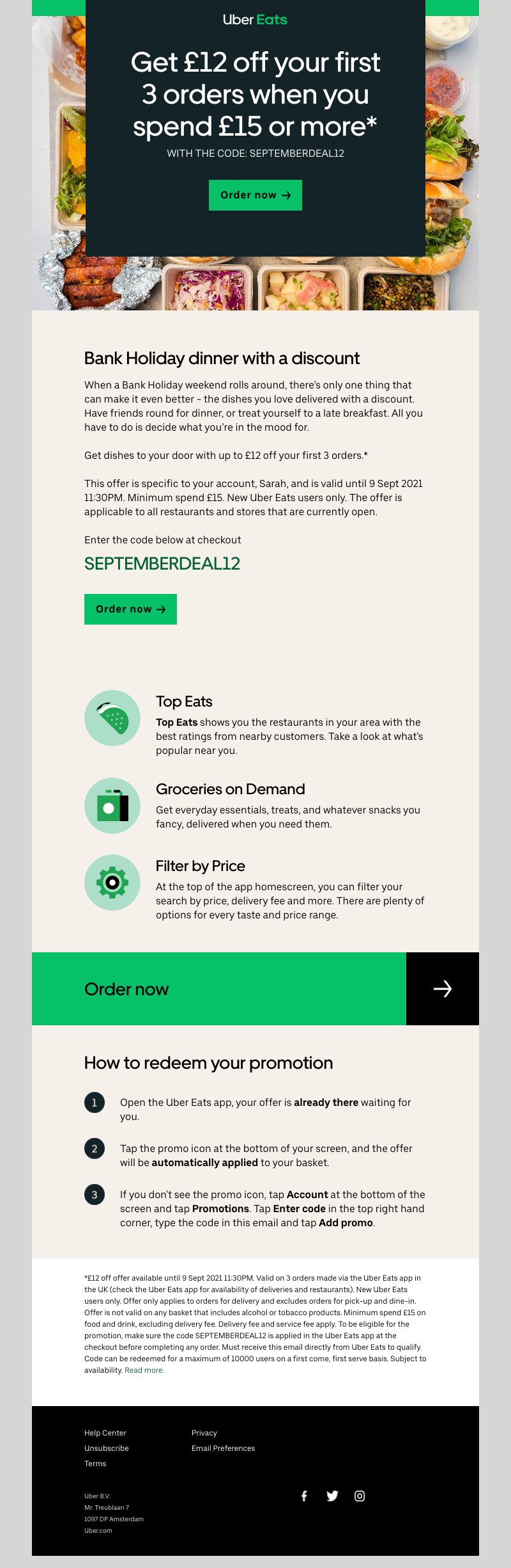 Uber Eats - Get  £12 off  your first 3 orders