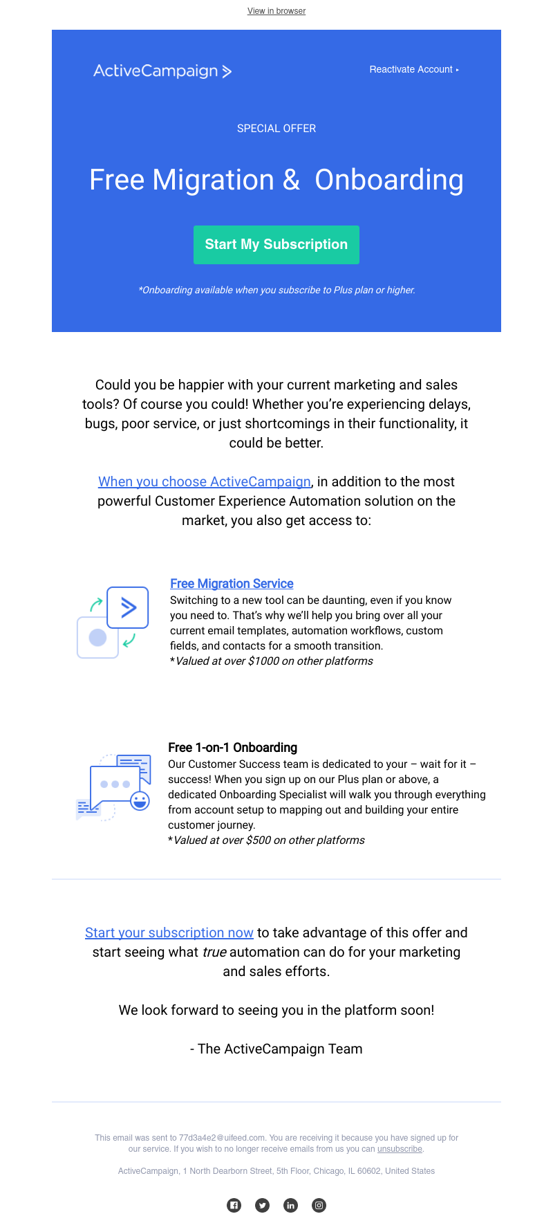  - Save $1500+ with free migration & onboarding services when you switch to ActiveCampaign
