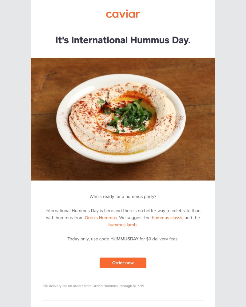  - Celebrate International Hummus Day with Oren's Hummus ($0 delivery fees)
