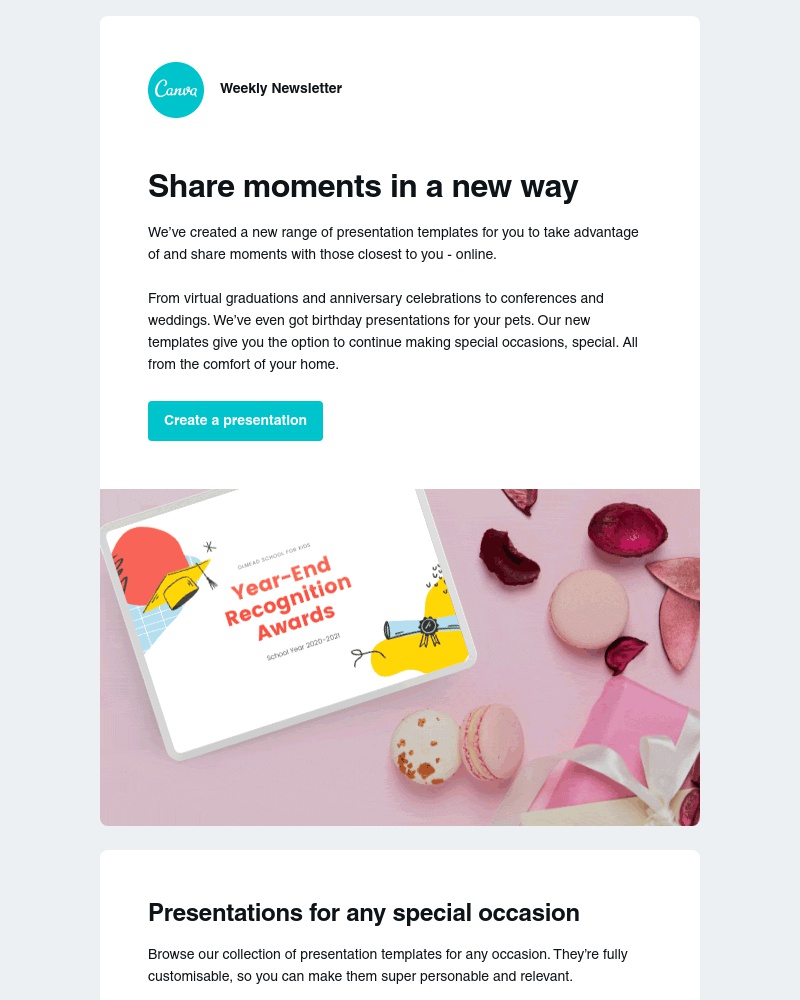 Canva - Celebrate milestones and hold events online with these presentations