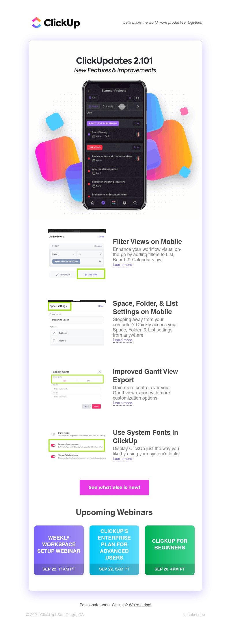 ClickUp - Filter Views on Mobile, Space, Folder, & List Settings on Mobile, Improved Gantt View Export ➕ more!