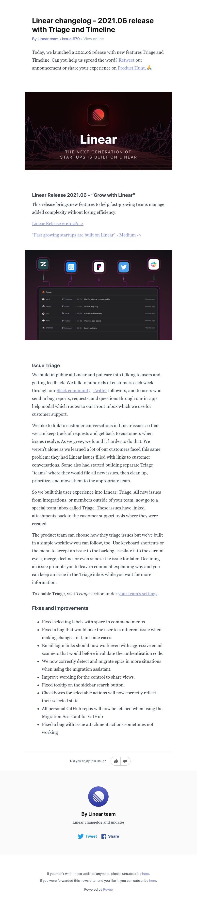 Linear - Linear changelog - 2021.06 release with Triage and Timeline