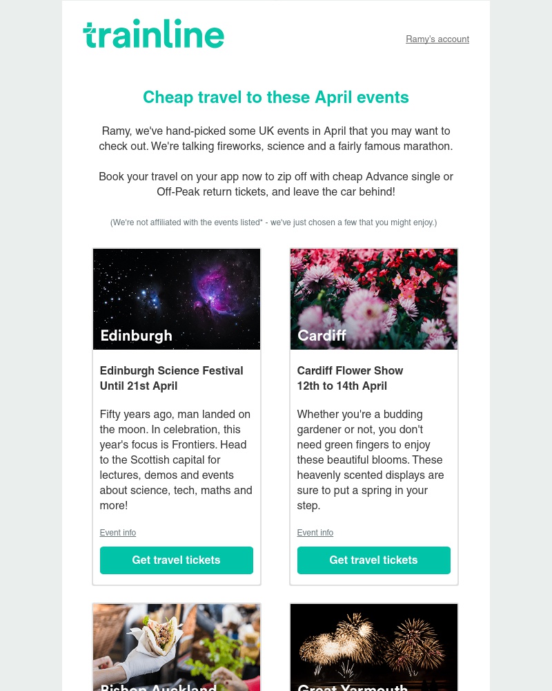 Trainline - Cheap travel to some awesome April events