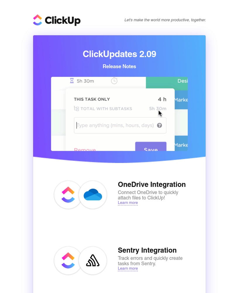 ClickUp - ClickUpdates 2.09: OneDrive, Sentry, Rollup Time Tracked & Estimated!