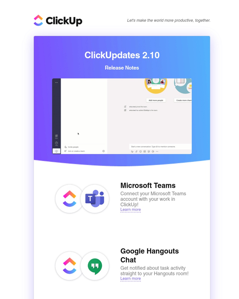 ClickUp - ClickUpdates 2.10: MS Teams, Google Hangouts, Desktop Notifications, & Send email to ClickUp from ANY email address! 🔥