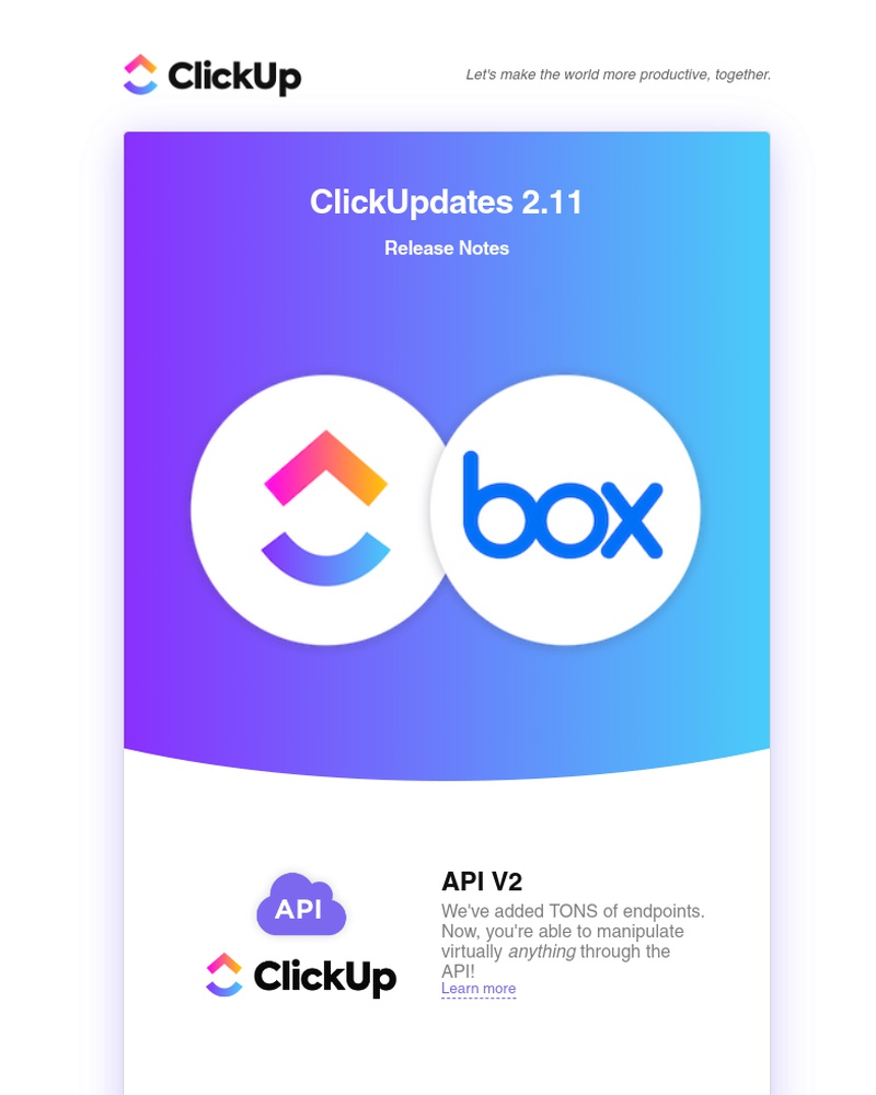 ClickUp - ClickUpdates 2.11: Box Integration, Tables, API V2, and Zapier V2!