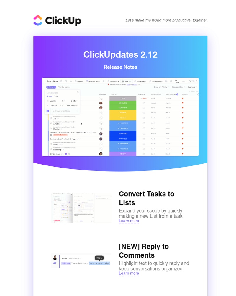 ClickUp - ClickUpdates 2.12: Convert tasks to lists, reply to comments, import custom fields and more!