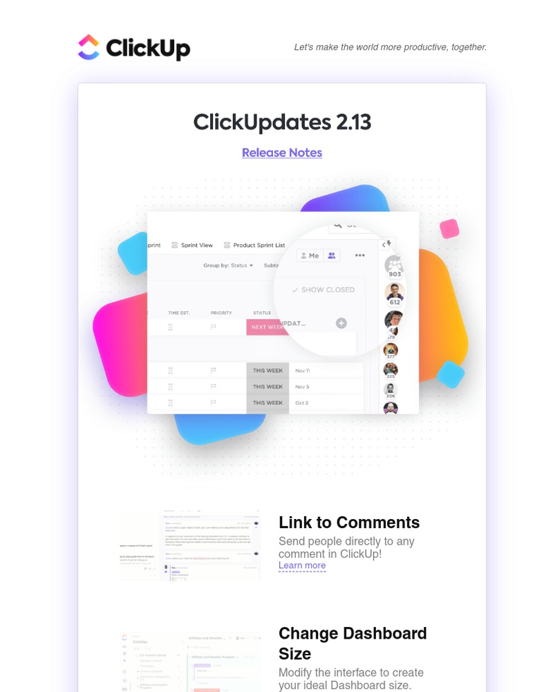 ClickUp - ClickUpdates 2.13: People Sidebar, Link to Comments, Change Dashboard Size, and more!