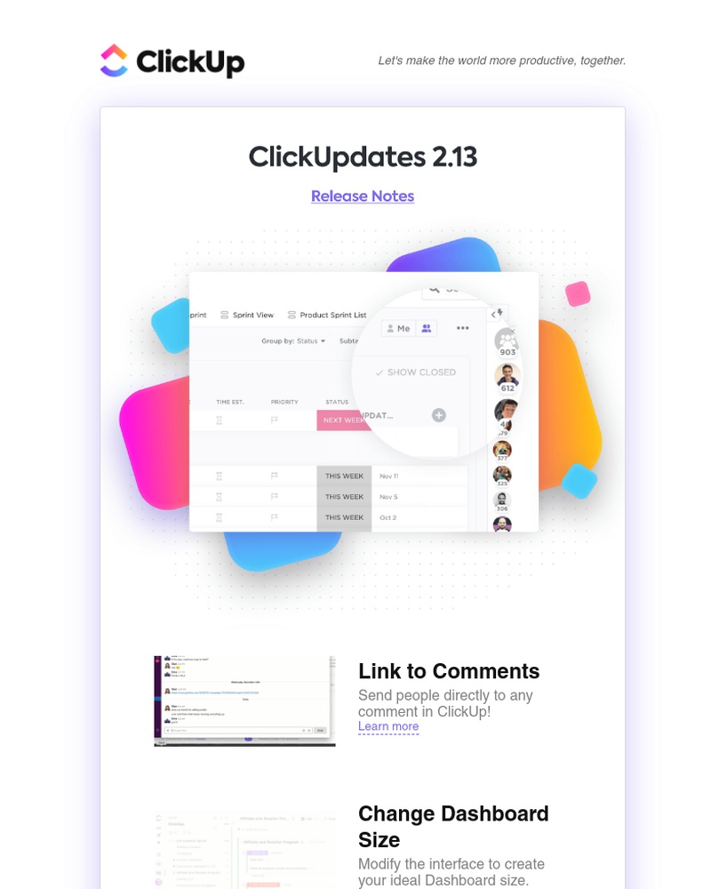 ClickUp - ClickUpdates 2.13: People Sidebar, Link to Comments, Change Dashboard Size, and more!