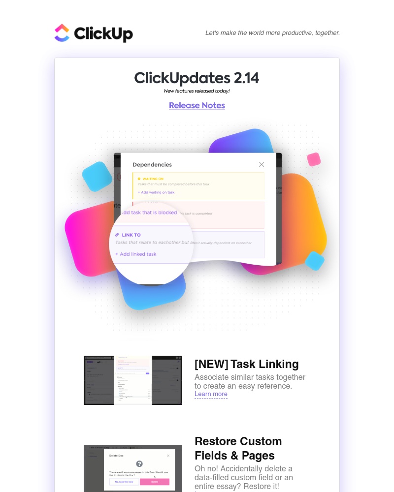ClickUp - ClickUpdates 2.14: [NEW] Task Linking, Restore Custom Fields & Pages, and Import Markdown!