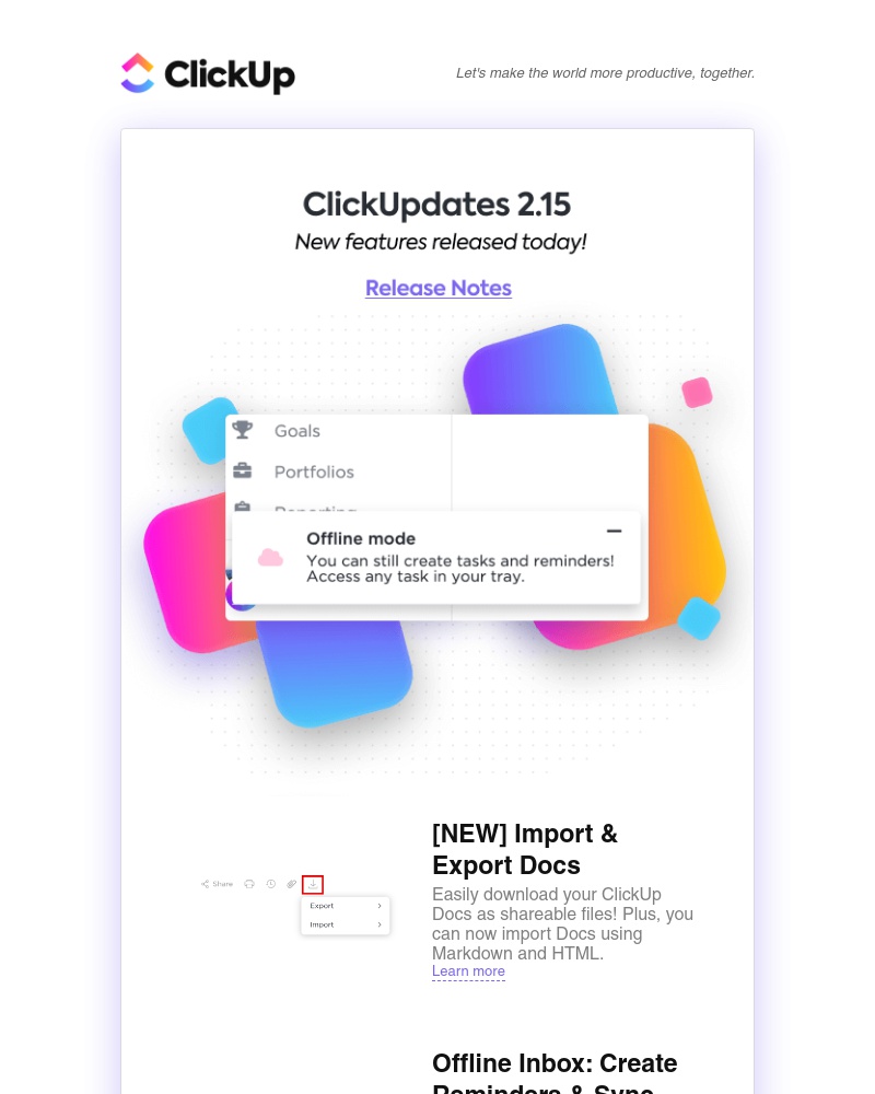 ClickUp - ClickUpdates 2.15: [NEW] Import & Export Docs, Offline Inbox, Import Subtasks via CSV, and more!