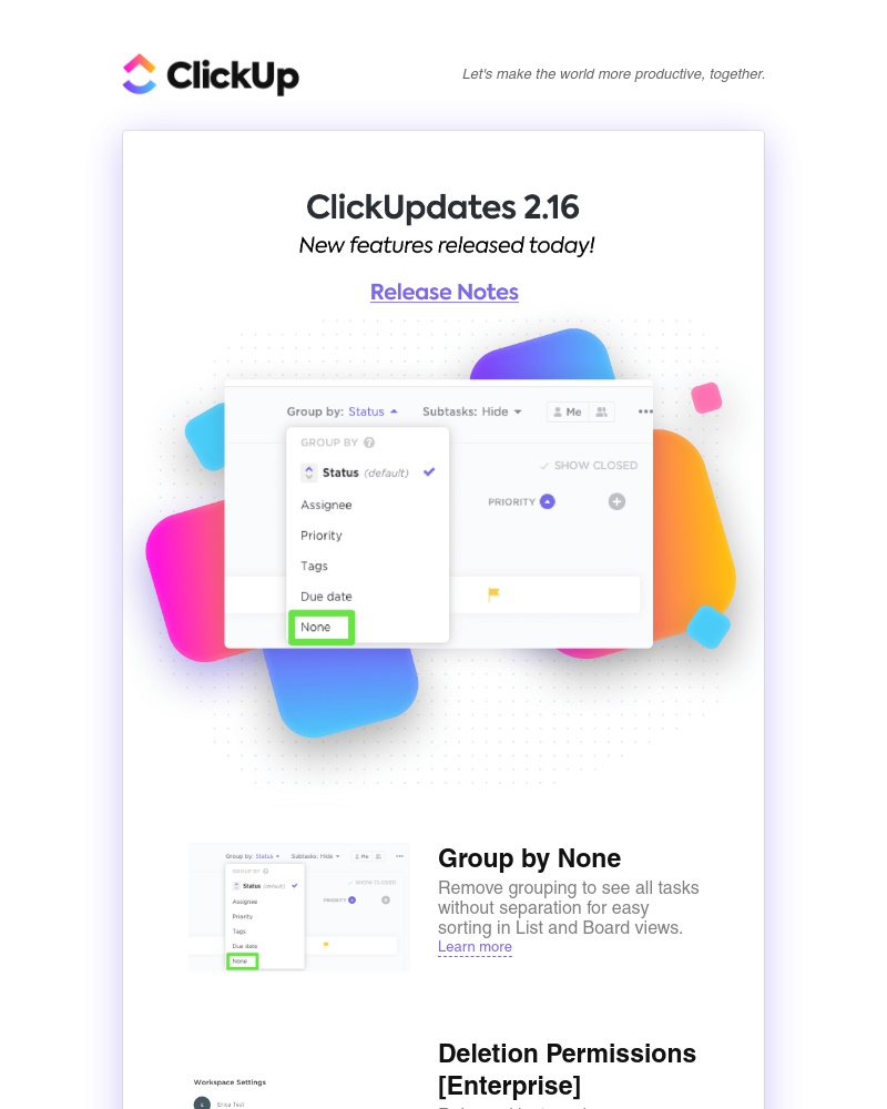 ClickUp - ClickUpdates 2.16: Group by None, Deletion Permissions & Show task ID in Board view!