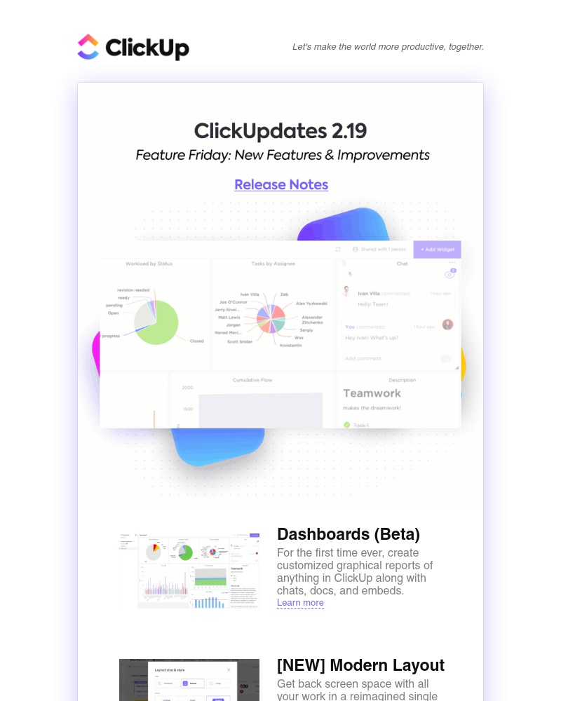 ClickUp - ClickUpdates 2.19 🎉 [NEW] Dashboards, Modern Layout, Monday.com Import, and more!