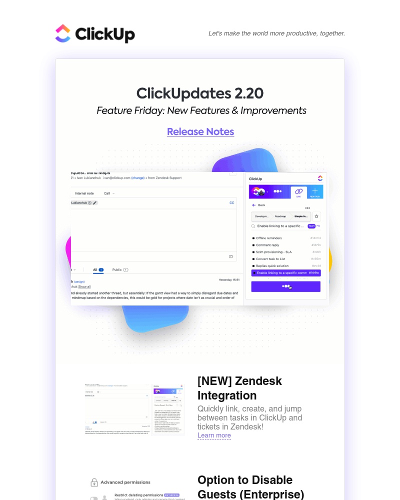 ClickUp - ClickUpdates 2.20 😱 Zendesk Integration, Option to Disable Guests, Zapier Date Times, more!