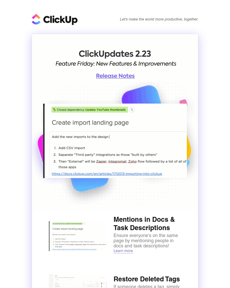 ClickUp - ClickUpdates 2.23 🎉Mentions in Docs & Task Descriptions, Restore Deleted Tags, and more!