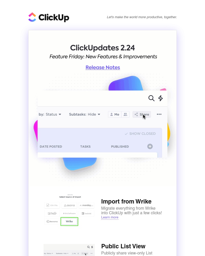 ClickUp - ClickUpdates 2.24: Import from Wrike, Public List View, Multitask Toolbar for Custom Fields, and more!