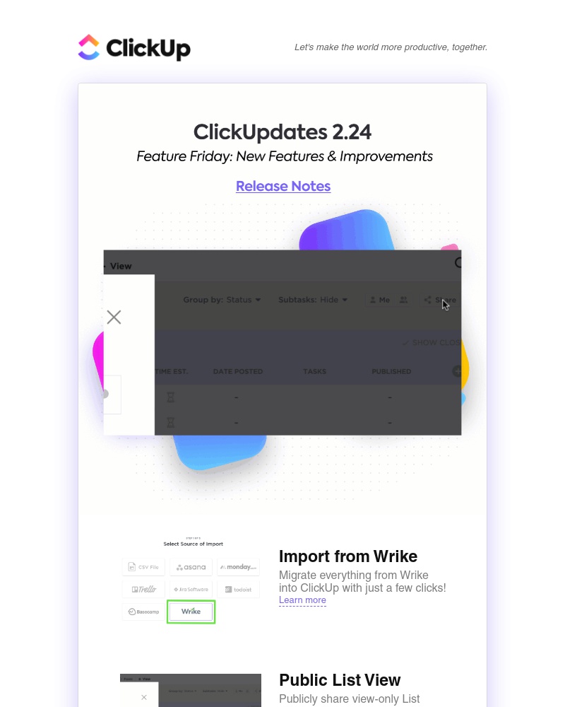 ClickUp - ClickUpdates 2.24: Import from Wrike, Public List View, Multitask Toolbar for Custom Fields, and more!
