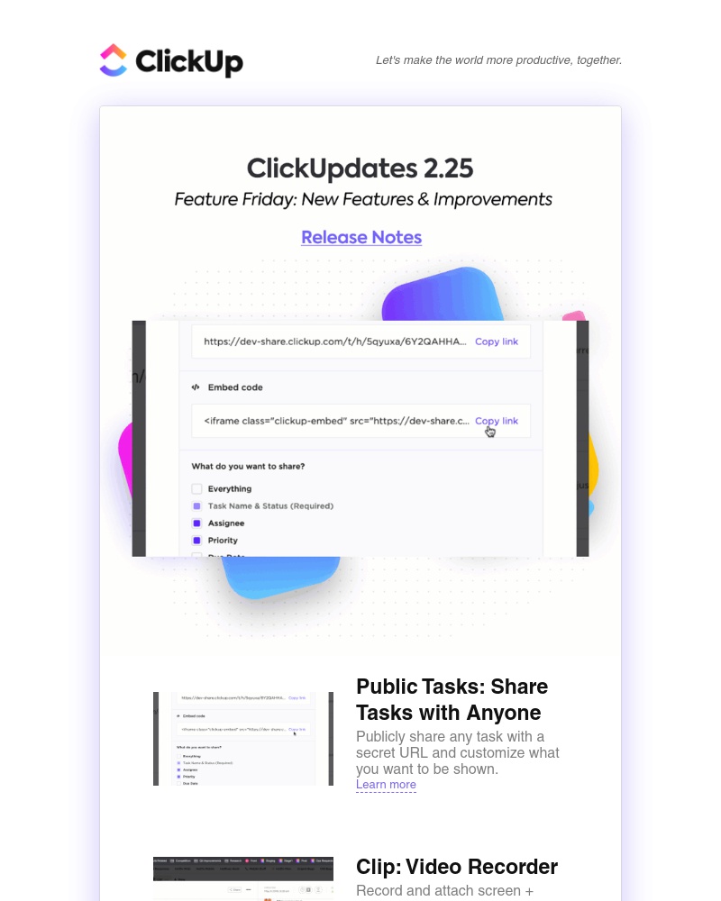 ClickUp - ClickUpdates 2.25: Share Tasks Publicly, Clip Video Recorder, Disable Bulk Notifications, and more!