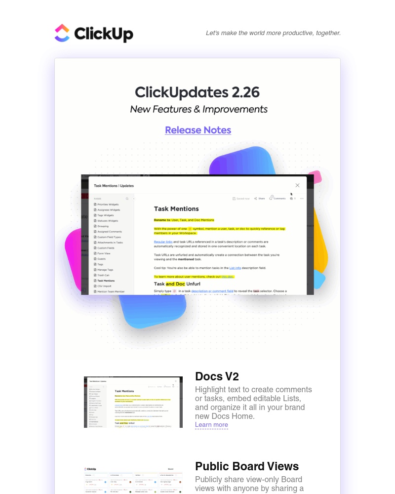 ClickUp - ClickUpdates 2.26: Docs V2 (Comments, Home, Linking), Public Boards, Public Folders & Spaces, more!