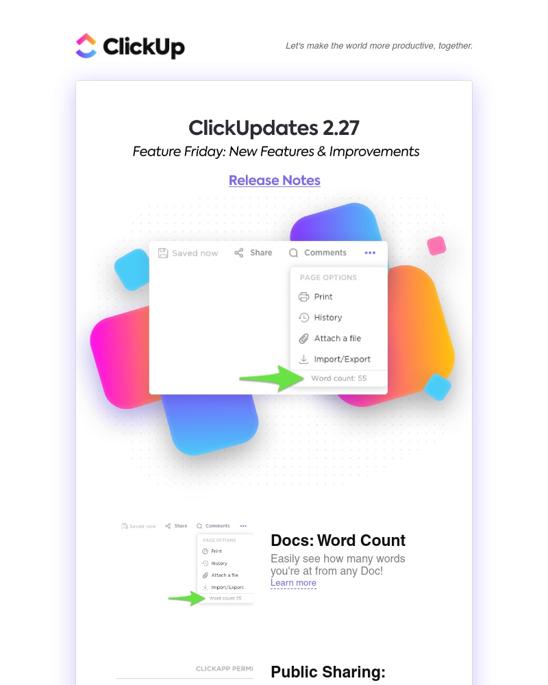 ClickUp - ClickUpdates 2.27 🚀 Word Count in Docs, Expiring Public URL's, See What Guests Have Access To, and more!
