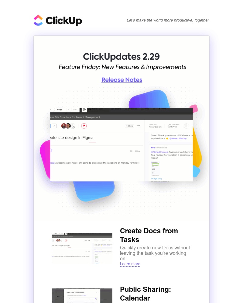 ClickUp - ClickUpdates 2.29: Create Docs from Tasks, Share Calendars Publicly, Download All Attachments, and more!