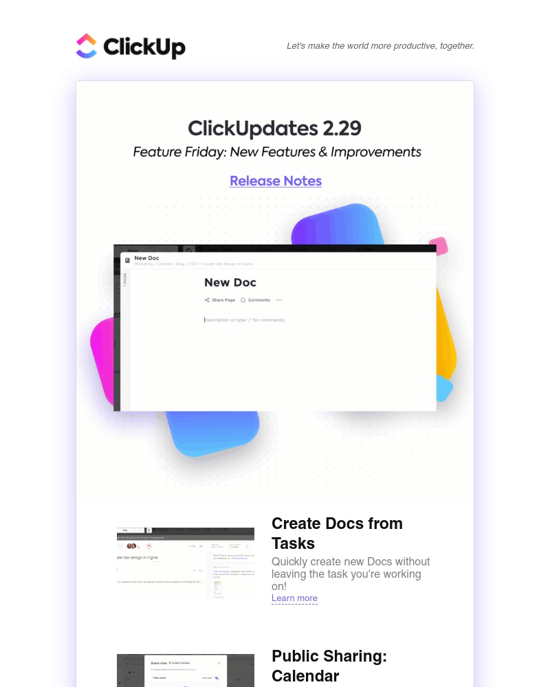 ClickUp - ClickUpdates 2.29: Create Docs from Tasks, Share Calendars Publicly, Download All Attachments, and more!