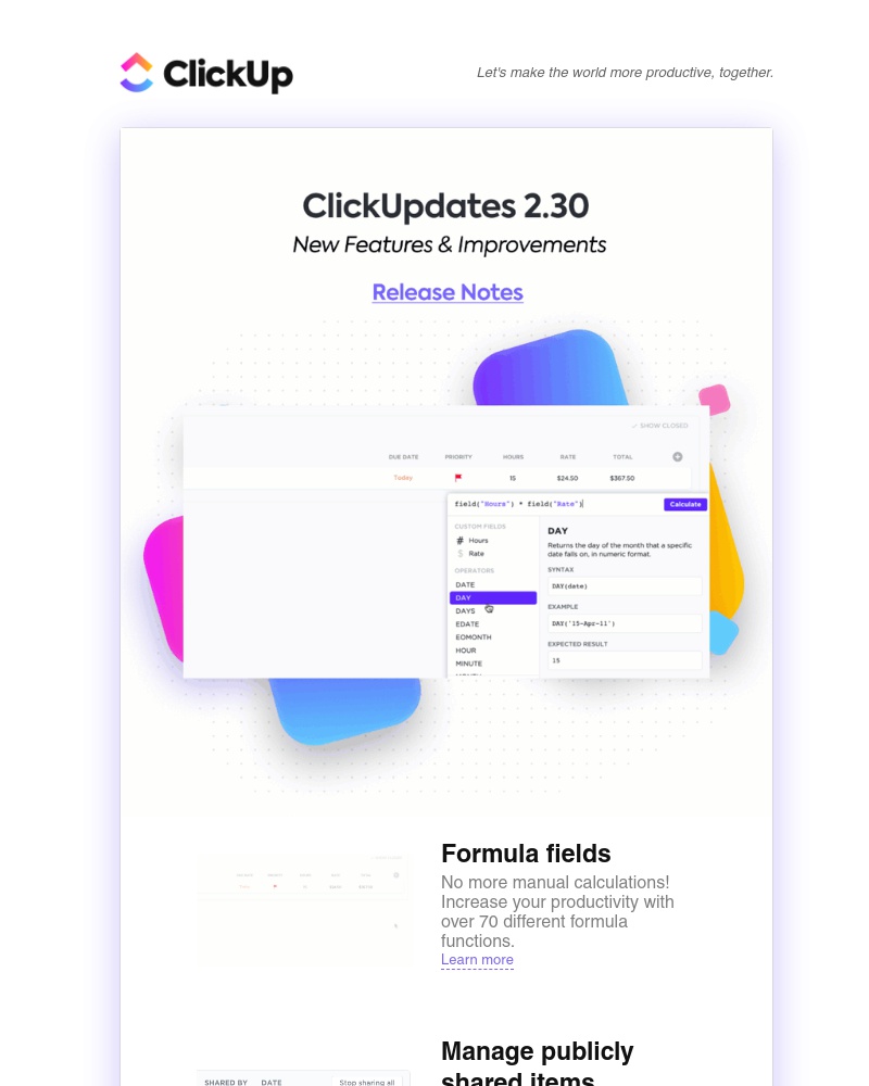 ClickUp - ClickUpdates 2.30 🤯 Formula fields, manage publicly shared items, Docs linking, and more! 