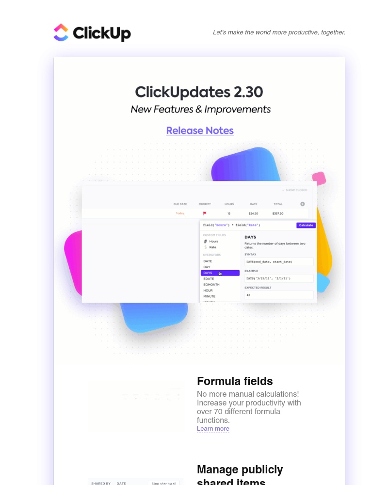 ClickUp - ClickUpdates 2.30 🤯 Formula fields, manage publicly shared items, Docs linking, and more! 