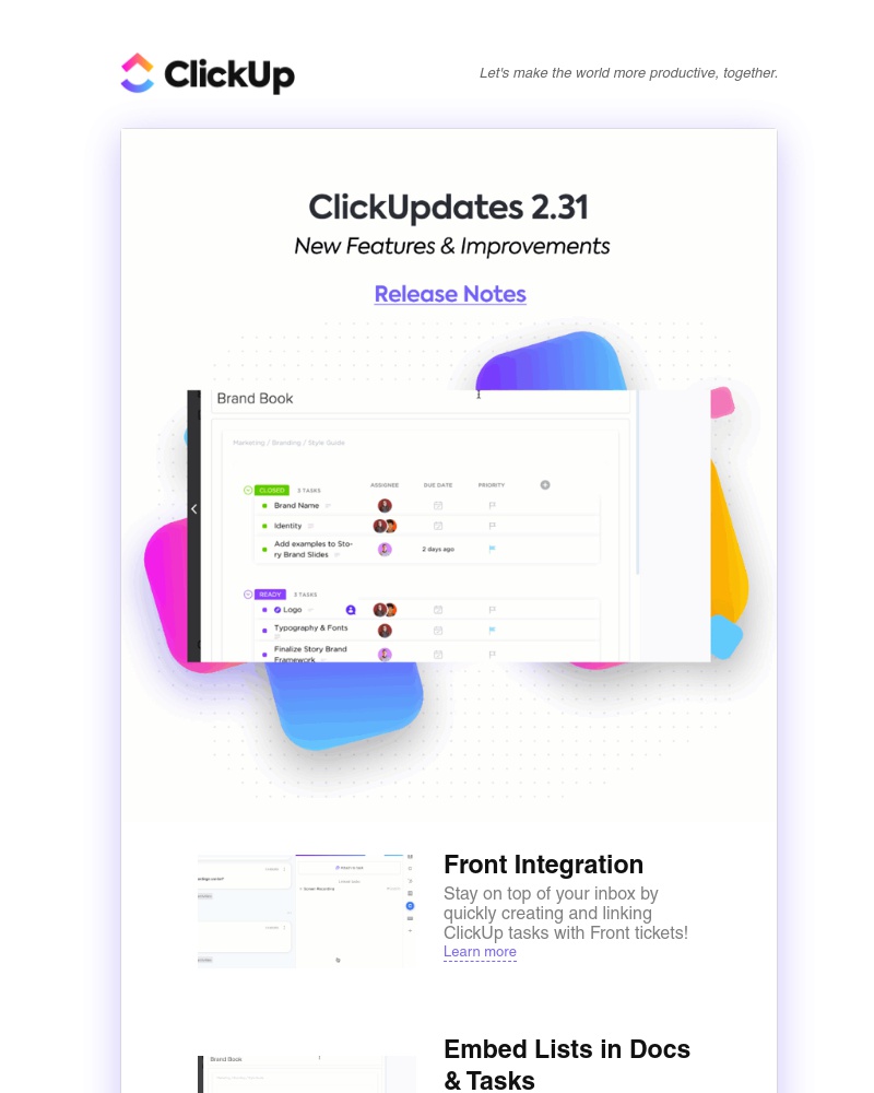 ClickUp - ClickUpdates 2.31 💐Integrate with Front, Embed Lists in Docs and Tasks, See When People View Tasks, and more! 