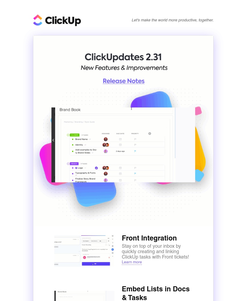 ClickUp - ClickUpdates 2.31 💐Integrate with Front, Embed Lists in Docs and Tasks, See When People View Tasks, and more! 