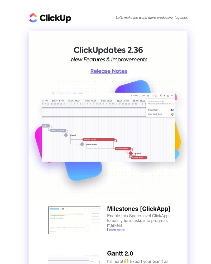 ClickUp - ClickUpdates 2.36: 🥳 Gantt 2.0, Milestones, Teams, and more! 
