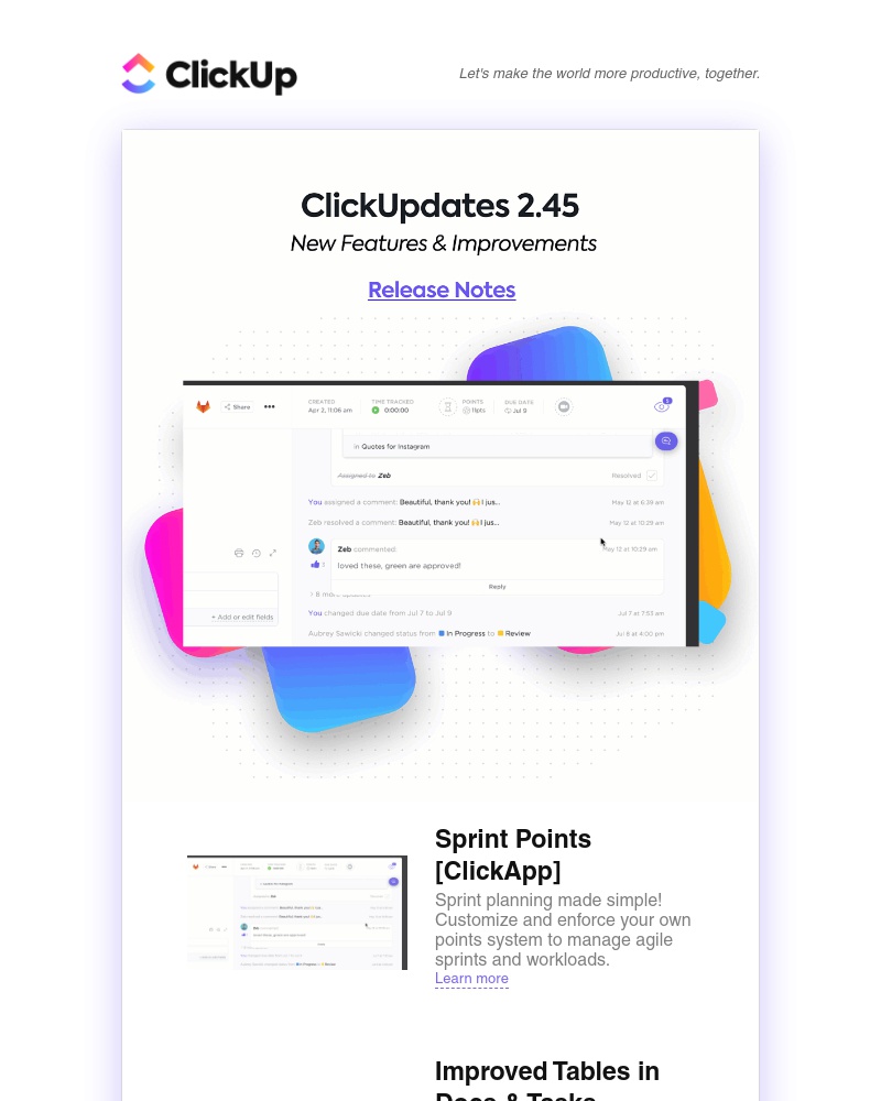 ClickUp - ClickUpdates 2.45 🏃‍♂️Sprint Points, Improved Tables, Unito Integration, more!