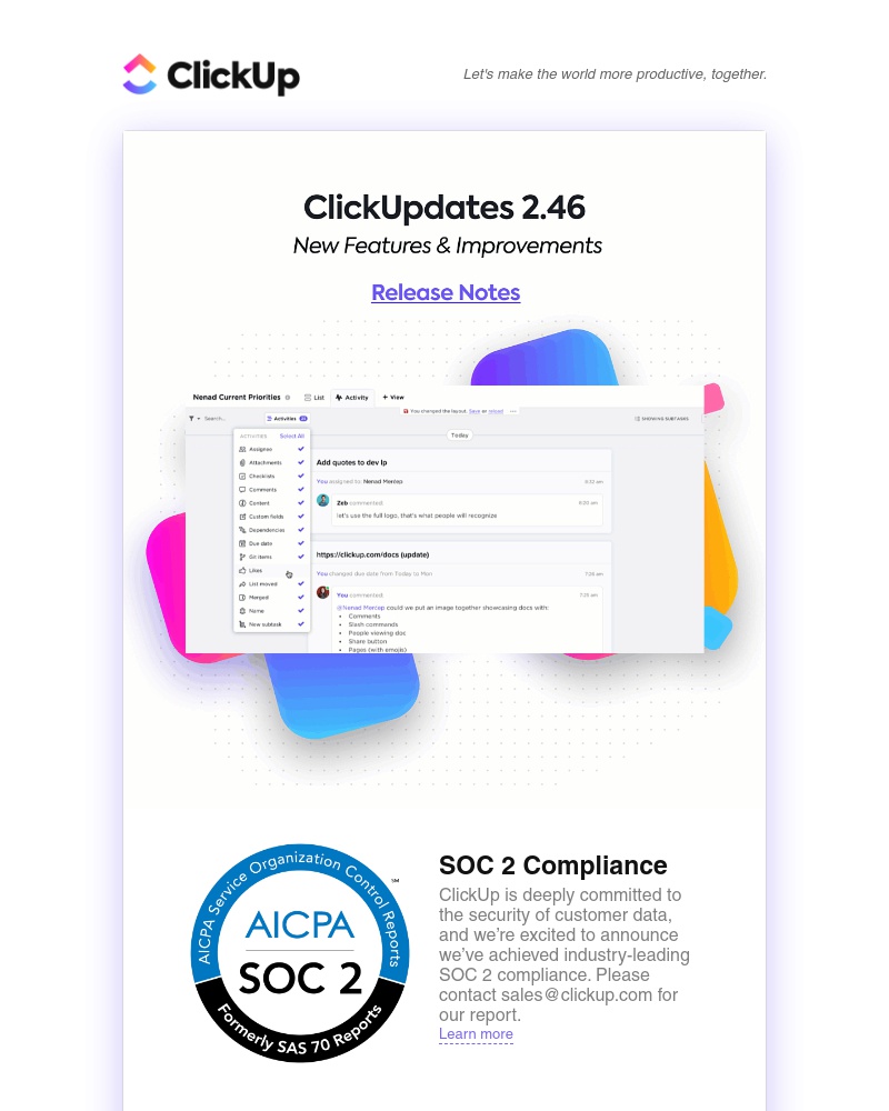 ClickUp - ClickUpdates 2.46 🔒 SOC 2 Compliance, Time Tracking API 2.0, Activity View Design Improvements, and more!
