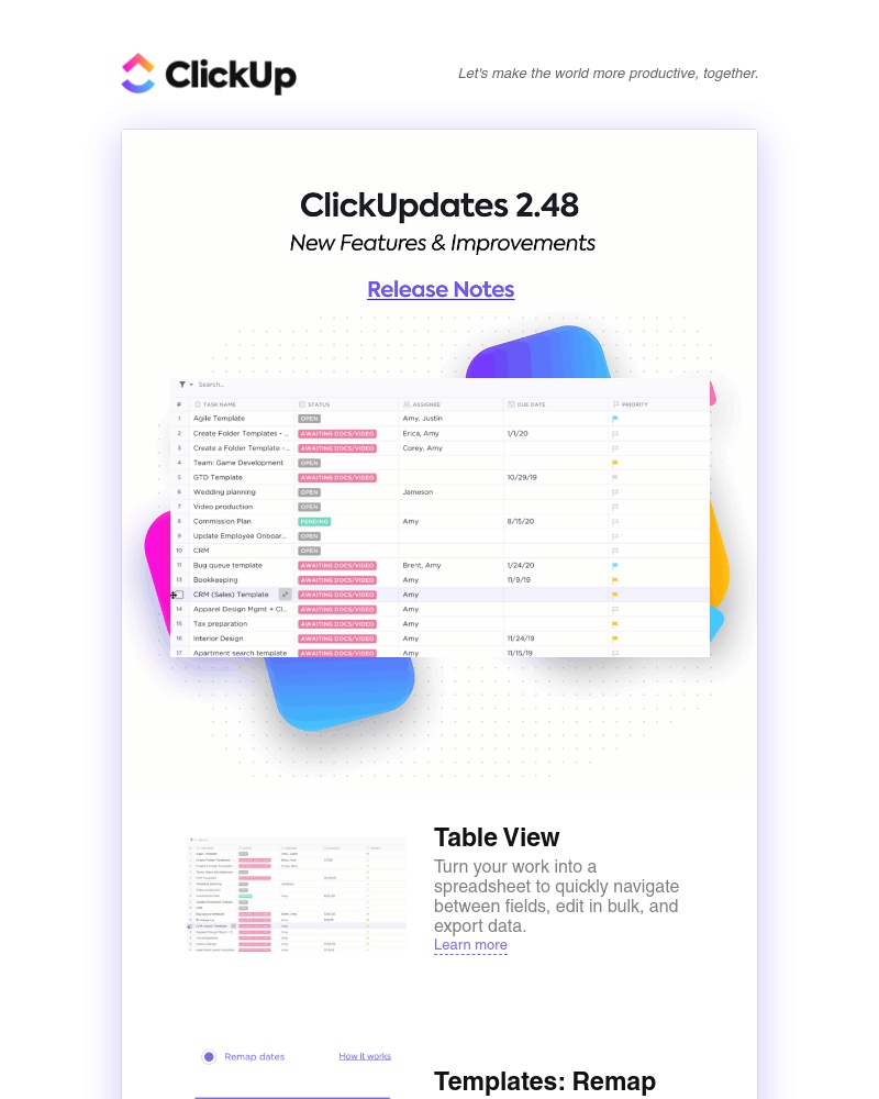 ClickUp - ClickUpdates 2.48 🍱 Table View, Templates: Skip Weekends & Map to End Date, more! 