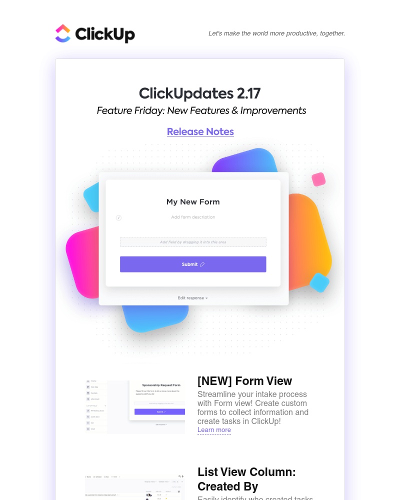 ClickUp - ClickUpdates 🎁 [NEW] Form view, Created by column, Set custom fields in task creation