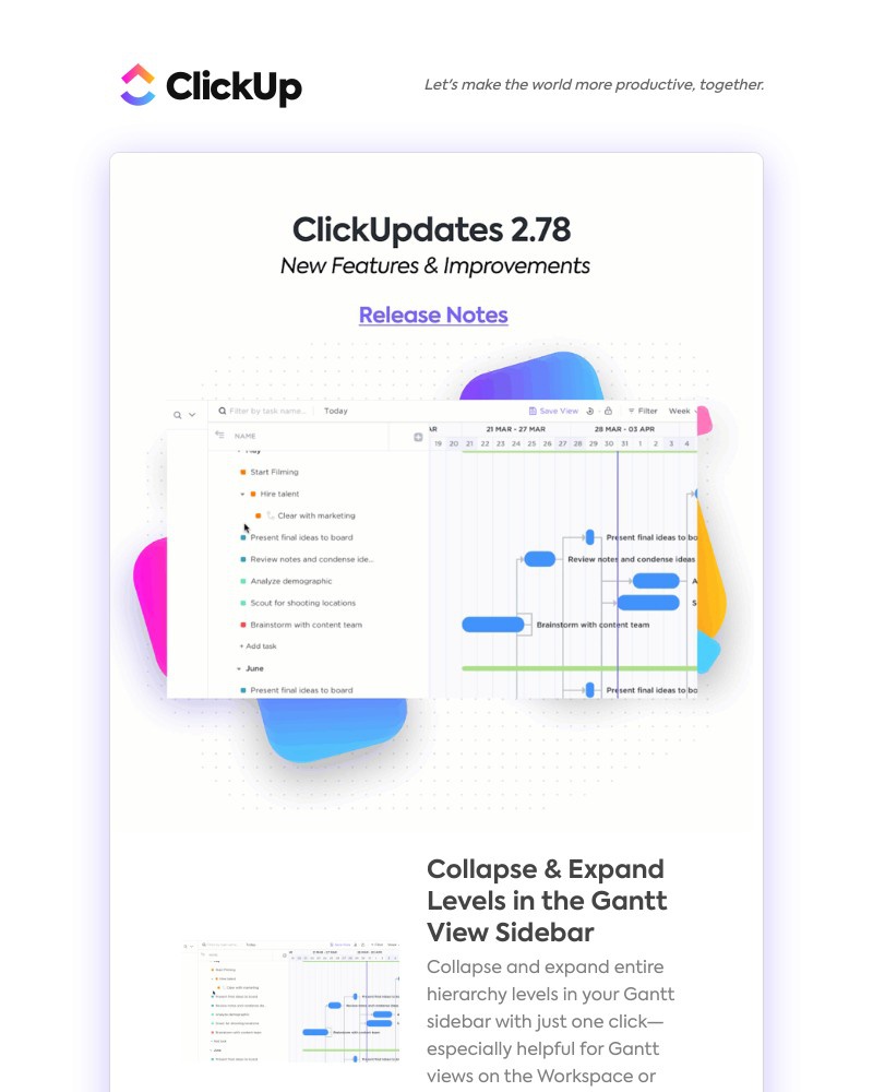 ClickUp - Collapse & Expand Levels in Gantt Sidebar, Multi-Select Text Blocks,  Mobile Improvements ➕ more!